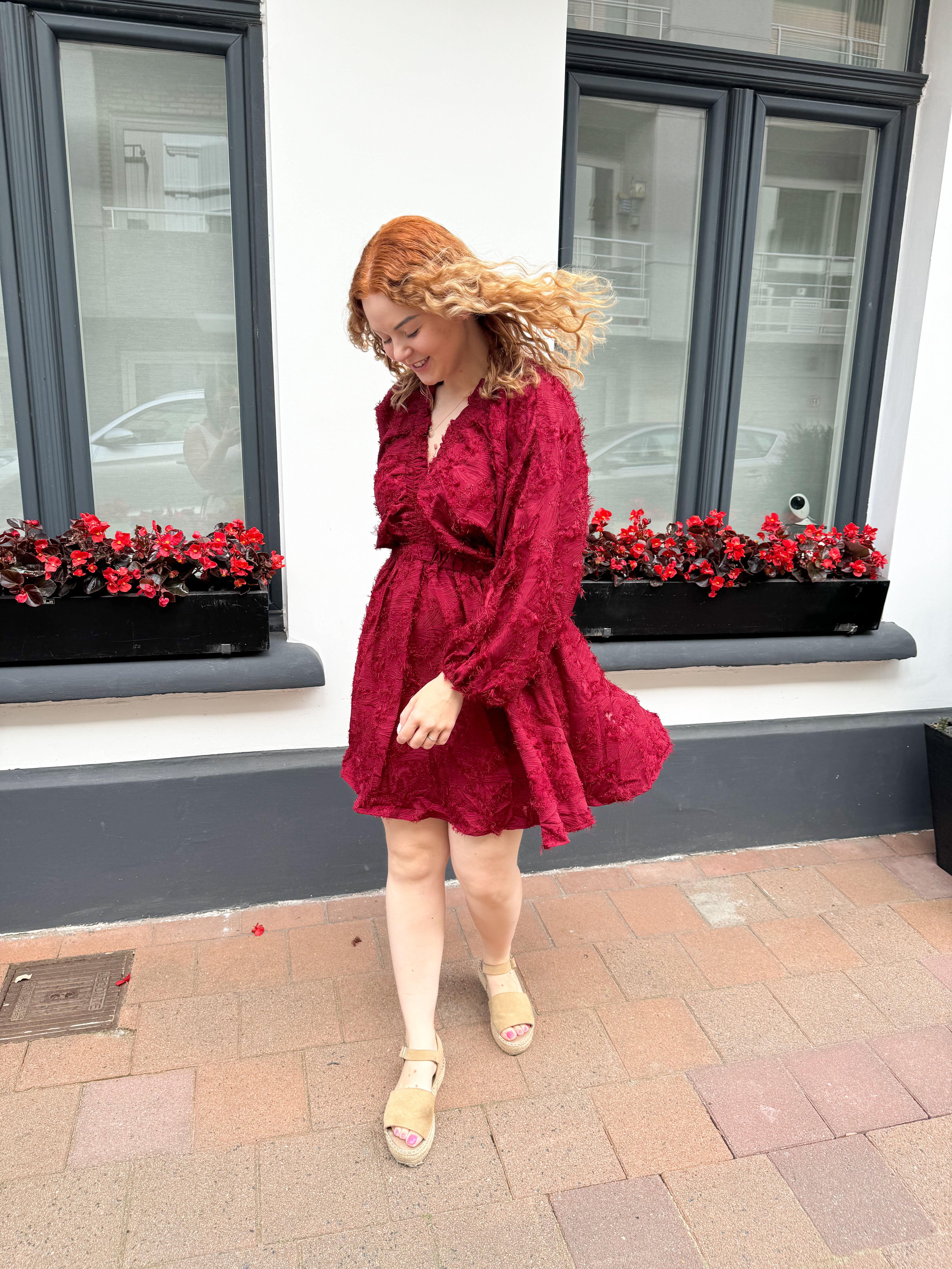 Ruffle V-Neck Dress - Bordeaux